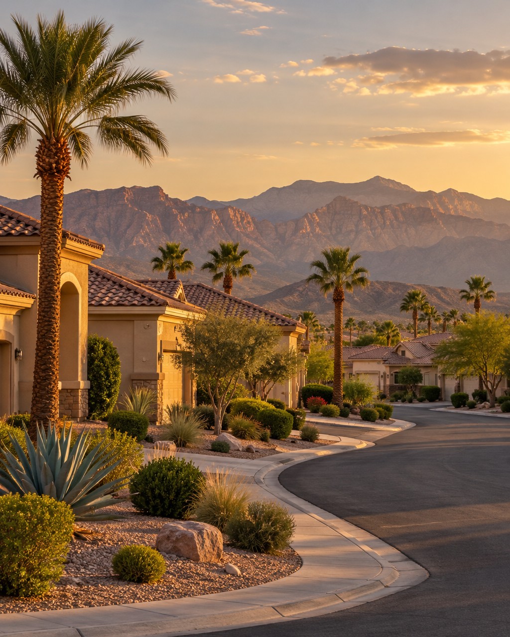 Las Vegas neighborhood at golden hour with the Spring Mountains in the distance